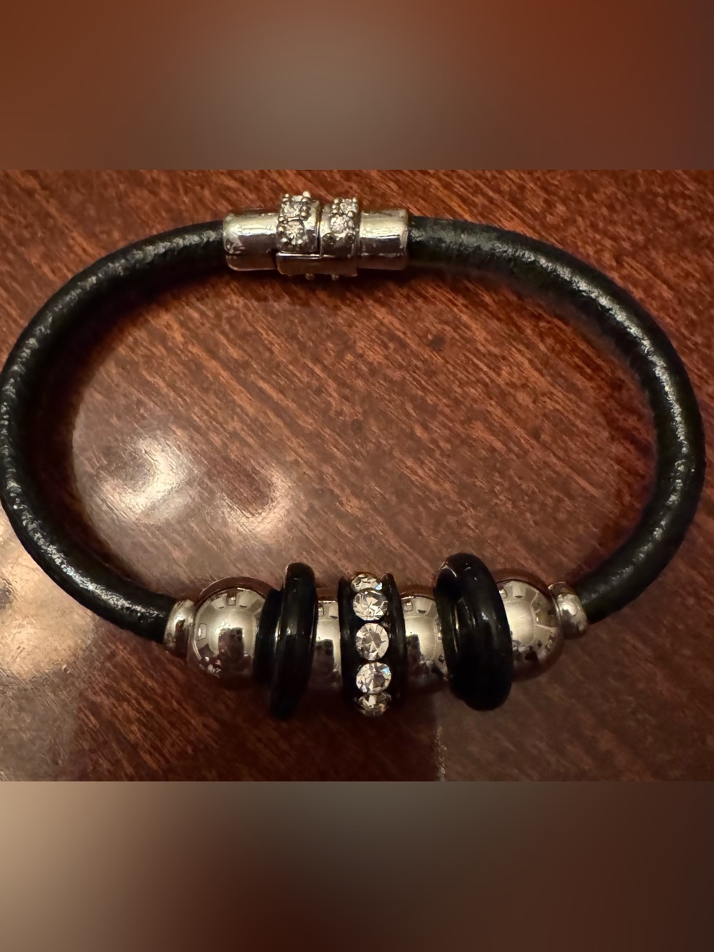 Chico's Bracelet Black Leather Bracelet with Silver Beads & Rhinestones **NWOT**